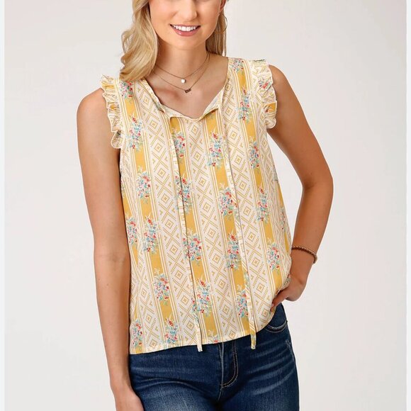Roper Yellow Floral Sleeveless V-Neck Top B28 - Picture 1 of 6